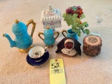 Blue tea set, floral decanter, cup & saucer, coaster set, nun figurine, glassware