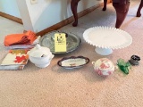 Assorted serving pcs. including pie plate, relish tray, gravy boat, candy dishes, misc.
