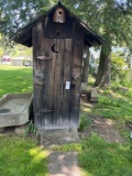 Slab Wood Outhouse with Sand Stone Base and (2) Stepping Stones