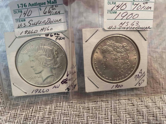 1926-d Peace dollar and 1900 Morgan dollar