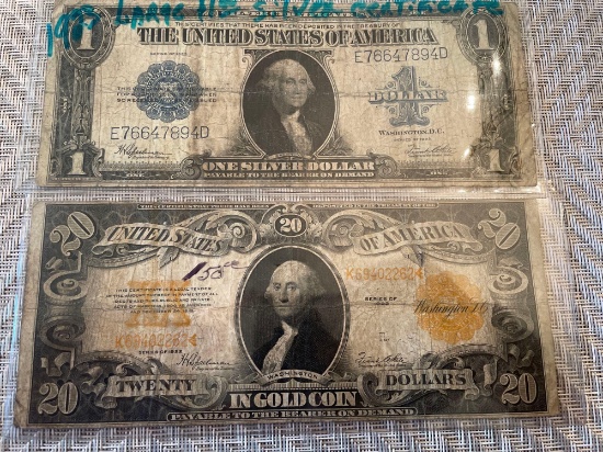 Large 1923 $1 & $20 bills silver& gold certificate