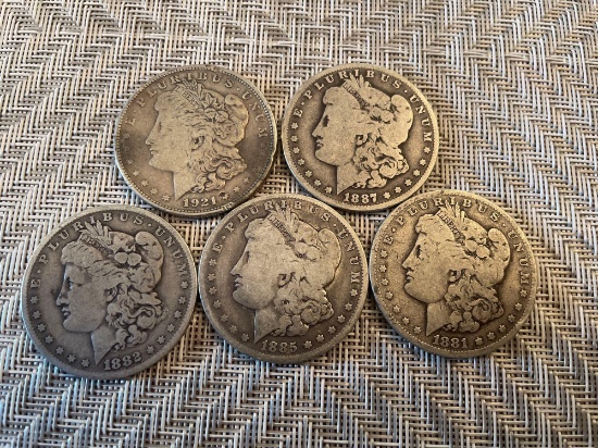 (5) 1881-1921 Morgan silver dollars