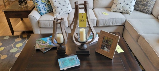 Wood candle holders, frame and assorted books