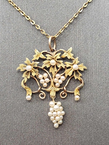 Beautiful 1900s Antique 10k gold & seed pearl lavaliere necklace