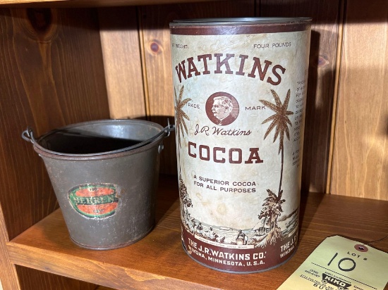 Watkins Cocoa Tin and Advertising Bucket