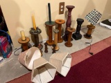 Vintage Spools, Candle Stick Holders, Primitive Lamp