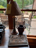 Tin Punched Lamp, Crock, Family Sign
