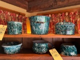 (6) Enameled Emerald Chrysolite Graniteware Pots and Bowls