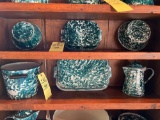 (6) Enameled Emerald Chrysolite Graniteware Bowls, Dishes, and Pitcher