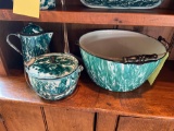 (3) Enameled Emerald Chrysolite Graniteware Bowls and Pitcher