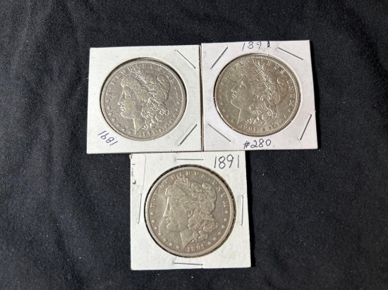 (3) 1891 Morgan silver dollars
