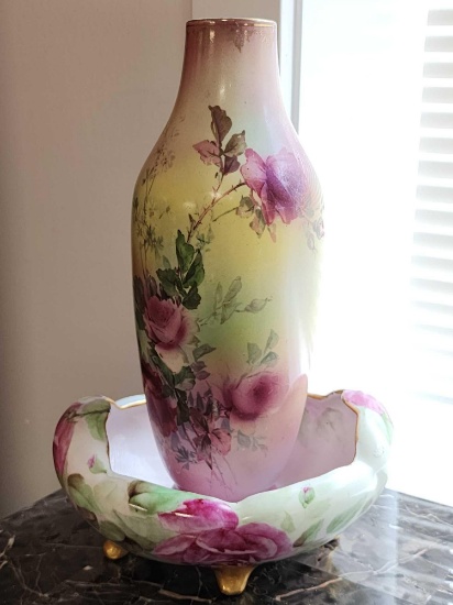 (2) antique floral hand painted China pieces, vase & bowl