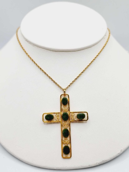 Vintage gold filled jadeite cross necklace