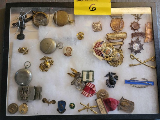 US pocket watches, Ill state fair 1900 badge, military badges, and more