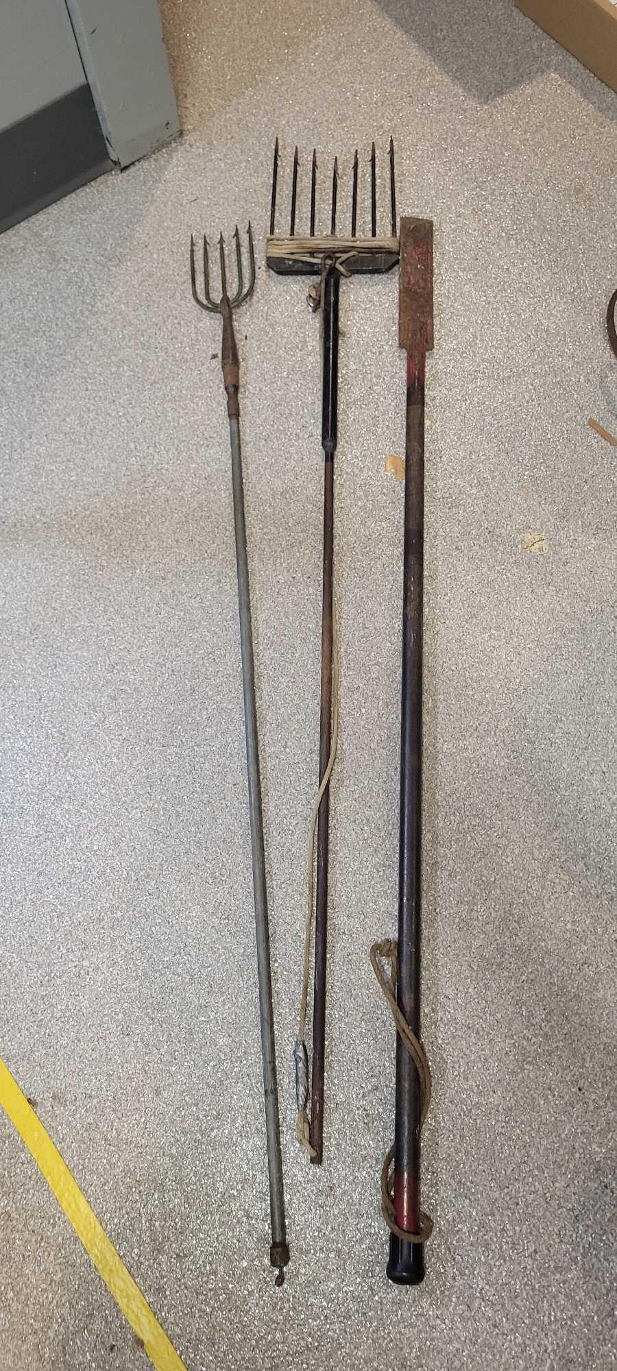 Antique heavy forged iron fishing spears with