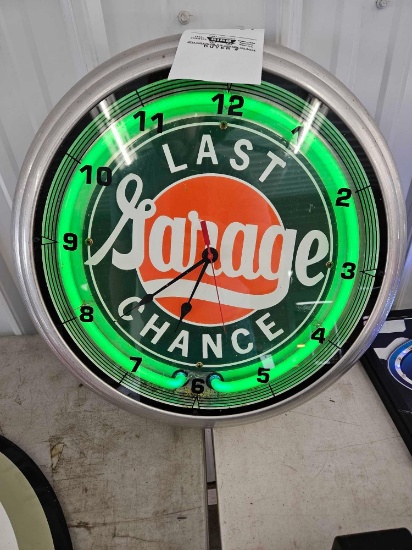 Last Chance Garage neon clock, works