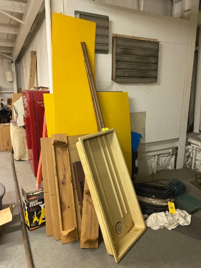 Plastic Tub, Cardboard, Wood Shelves