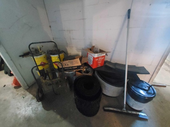 Hallway Corner Contents - Adhesives, Small Cart, Roofing Materials, & more