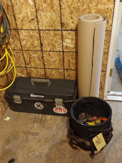 Bostitch Toolbox, Bucket Of Tools, & Cardboard Roll