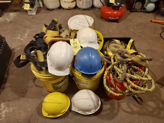 Assortment of Harnesses, Rope, Ratchet Straps, & Helmets