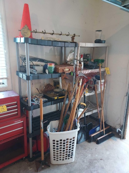 2 Plastic Shelf Units & Contents - Lawn Care, Yard Tools, Hardware, Fire Extinguishers, & more