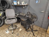 Metal Work Desk, Office Chair, Fans, & Shelf/Desk Contents