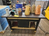 Workbench, grocery cart, oil fill containers