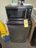 Hamiltok Beach Microwave, GE Mini Fridge, HP Printer, & Small Filing Cabinet