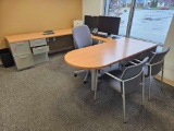 Steelcase Large Office Desk w/ Office Chair, 2 Chairs, & Built In Cabinets