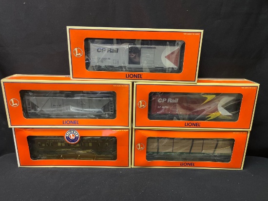 (5) Lionel Assorted Box Cars, Hopper, I Beam, Pass. Car