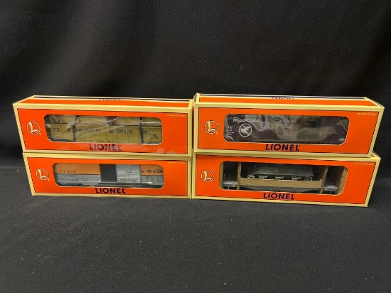 (4) Lionel Assorted Box Cars, Flat Car and Gondola