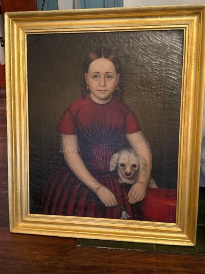 Original oil/ canvas of girl w/ dog. Marked.