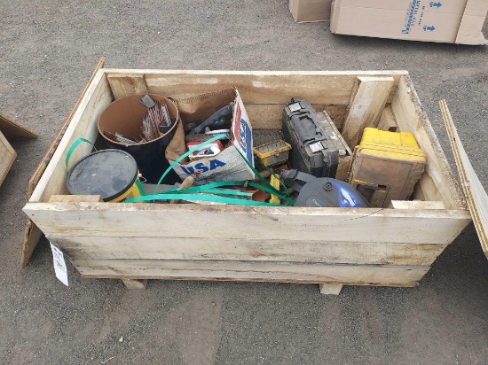 Wooden crate. of hand tools, toolboxes, welding stick.