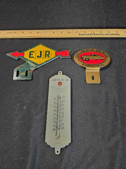 Sunoco License Plate Topper, Gulf Oil Thermometer & State Farm Sign