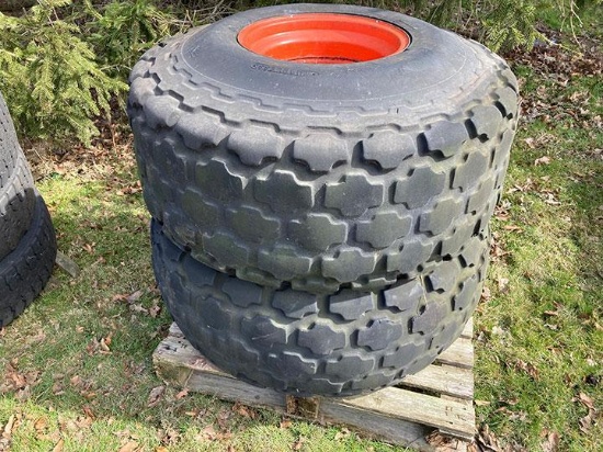 Pair mounted 18.4-16 1 tires with 8 bolt rims off Gleaner combine
