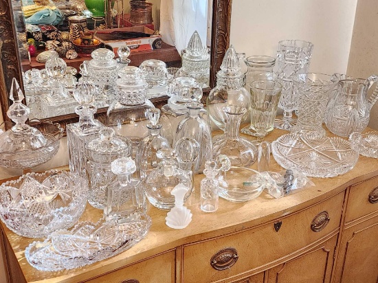 Large lot: antique & vintage cut crystal & glass decanters, bowls +