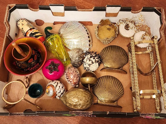 Vintage collectible lot: shells, glass, brass