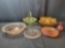 Green glass basket, pink depression plates, amber glass cups and plates