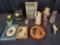 Box lot of glassware, miniature case, bank and photos