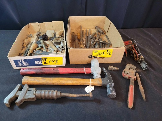 2 Boxes of antique tools and hardware