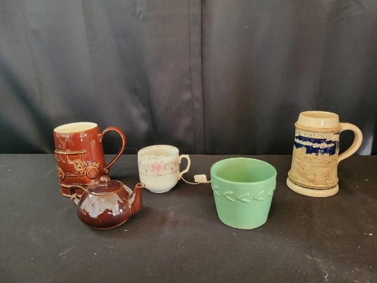German Detroit Michigan stein, McCoy mug, shaving mug, Brown betty tea pot