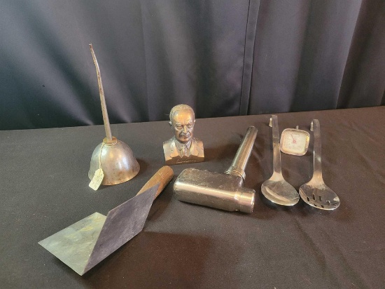 Stainless utensils, vintage Eisenhower metal bank, Gem mfg oiler and drywall tool
