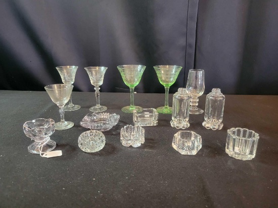 EAPG salt dips, etched stemware, green glasses, shakers and more