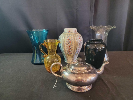 Wisteria ruffle vase, crackle glass pitcher, art glass vases, Vohenstrauss floral vase