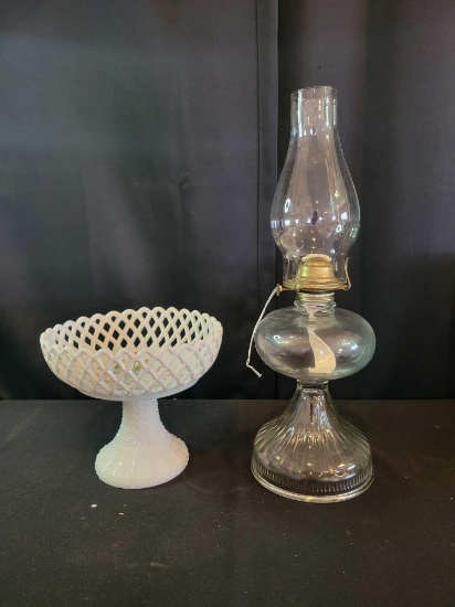 Westmoreland handpainted milk glass basket weave compote and kerosene lamp