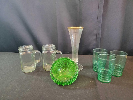 Fenton green hobnail ash tray, vase, green tumblers, mugs