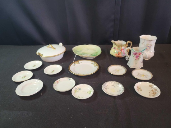 Antique hand enameled creamers, La Seynte, Nippon, Louise Saape, butter pats, covered butter