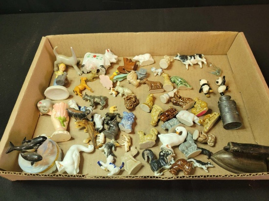 Box lot of Wade and assorted animal figures, childs sad iron toy