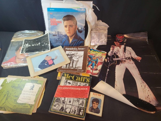 Group of early magazines, Elvis items, Lionel Barrymore, Celluoid Disney frame, Kent State