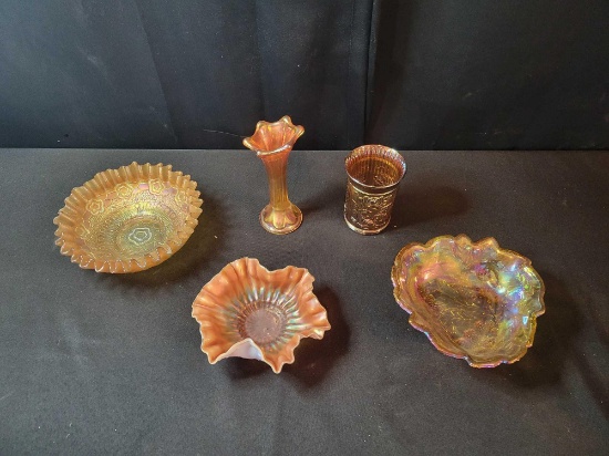 Box lot of assorted carnival glass bowls, cup, vase
